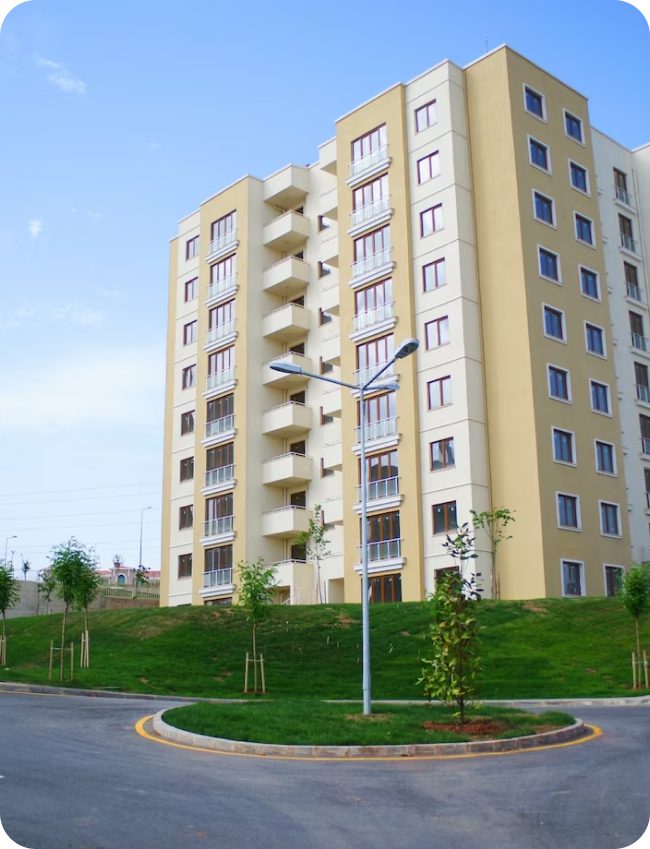 Modern apartment building with landscaping.