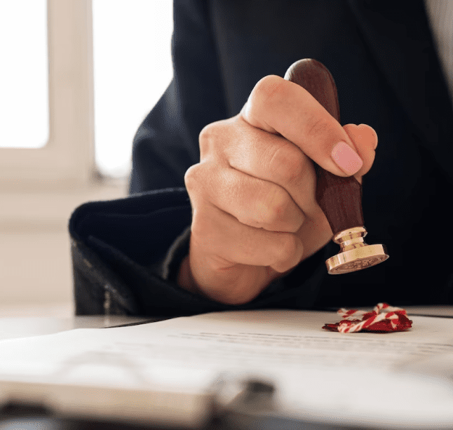 Hand stamping a document with a wax seal.